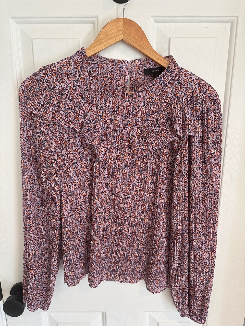 JCrew Pleated Ruffle-Neck Long Sleeve Top - Pink Multi
